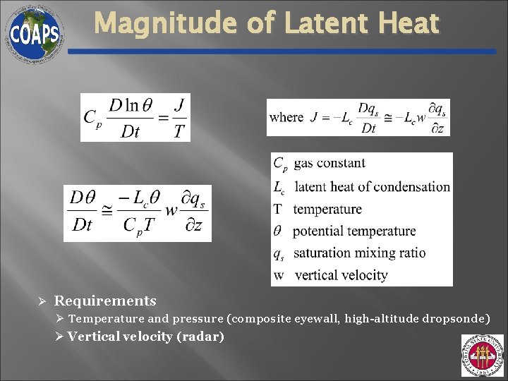 Magnitude of Latent Heat Ø Requirements Ø Temperature and pressure (composite eyewall, high-altitude dropsonde) Magnitude of Latent Heat Ø Requirements Ø Temperature and pressure (composite eyewall, high-altitude dropsonde)