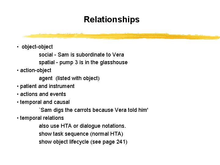 Relationships • object-object social - Sam is subordinate to Vera spatial - pump 3