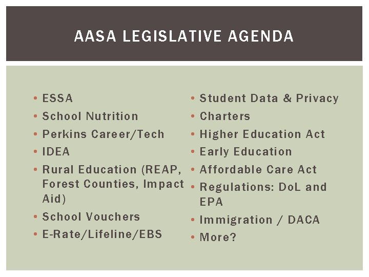 AASA LEGISLATIVE AGENDA • • • ESSA School Nutrition Perkins Career/Tech IDEA Rural Education