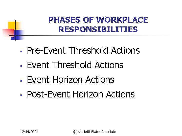 PHASES OF WORKPLACE RESPONSIBILITIES § Pre-Event Threshold Actions § Event Horizon Actions § Post-Event