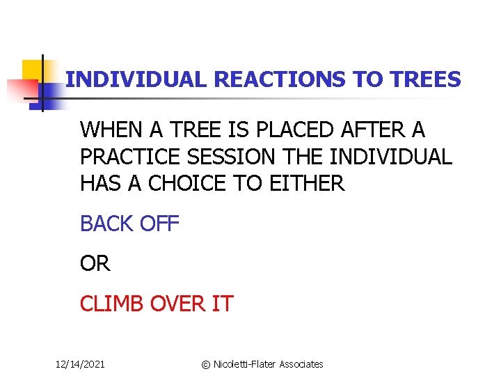 INDIVIDUAL REACTIONS TO TREES WHEN A TREE IS PLACED AFTER A PRACTICE SESSION THE