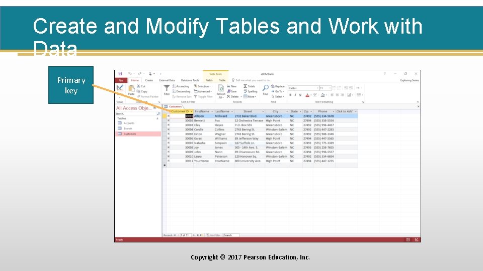 Create and Modify Tables and Work with Data Primary key Copyright © 2017 Pearson