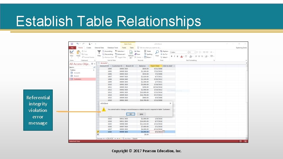 Establish Table Relationships Referential integrity violation error message Copyright © 2017 Pearson Education, Inc.