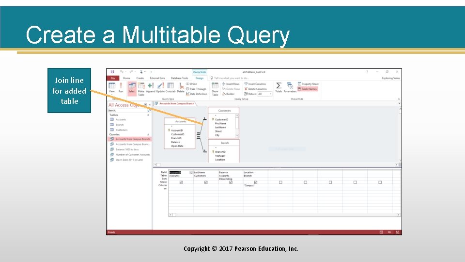 Create a Multitable Query Join line for added table Copyright © 2017 Pearson Education,