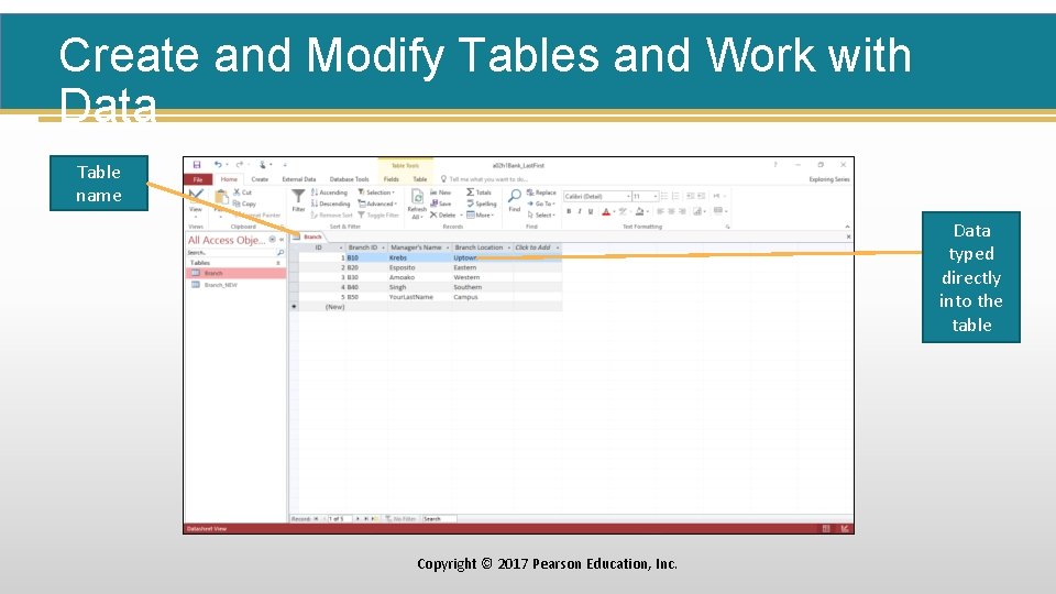 Create and Modify Tables and Work with Data Table name Data typed directly into