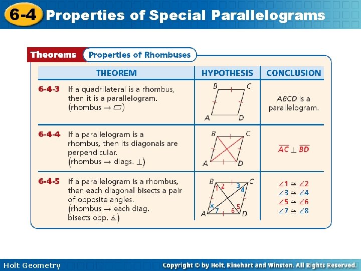 6 -4 Properties of Special Parallelograms Holt Geometry 