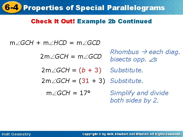 6 -4 Properties of Special Parallelograms Check It Out! Example 2 b Continued m