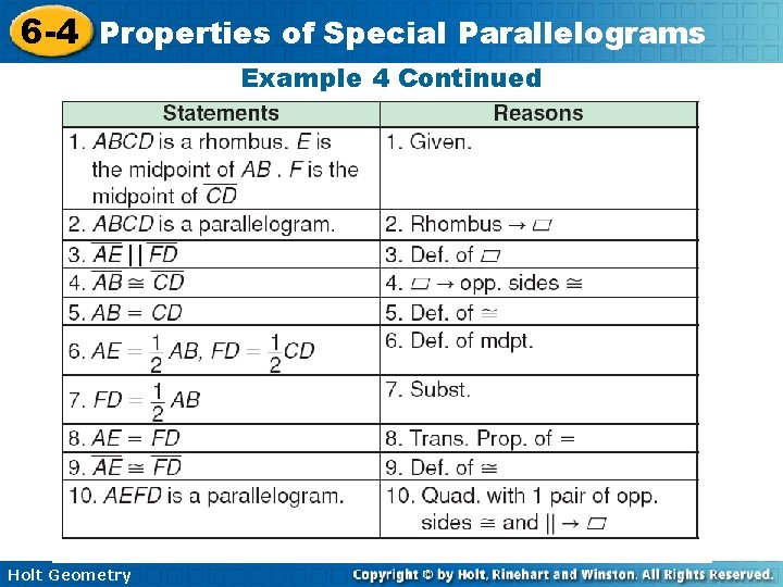 6 -4 Properties of Special Parallelograms Example 4 Continued || Holt Geometry 