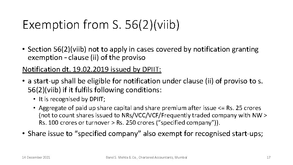 Exemption from S. 56(2)(viib) • Section 56(2)(viib) not to apply in cases covered by