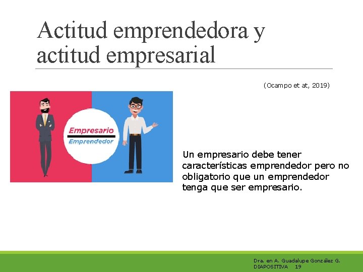 Actitud emprendedora y actitud empresarial (Ocampo et at, 2019) Un empresario debe tener características Actitud emprendedora y actitud empresarial (Ocampo et at, 2019) Un empresario debe tener características