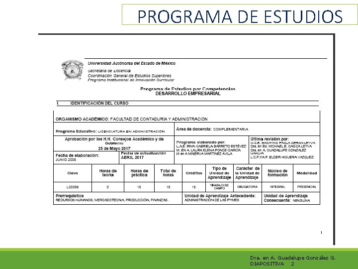 PROGRAMA DE ESTUDIOS DRA. EN A. GUADALUPE GONZÁLEZ G DIAPOSITIVA NO. Dra. en A.