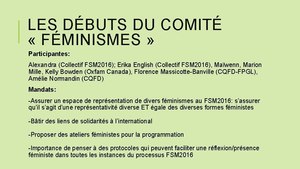 LES DÉBUTS DU COMITÉ « FÉMINISMES » Participantes: Alexandra (Collectif FSM 2016); Erika English