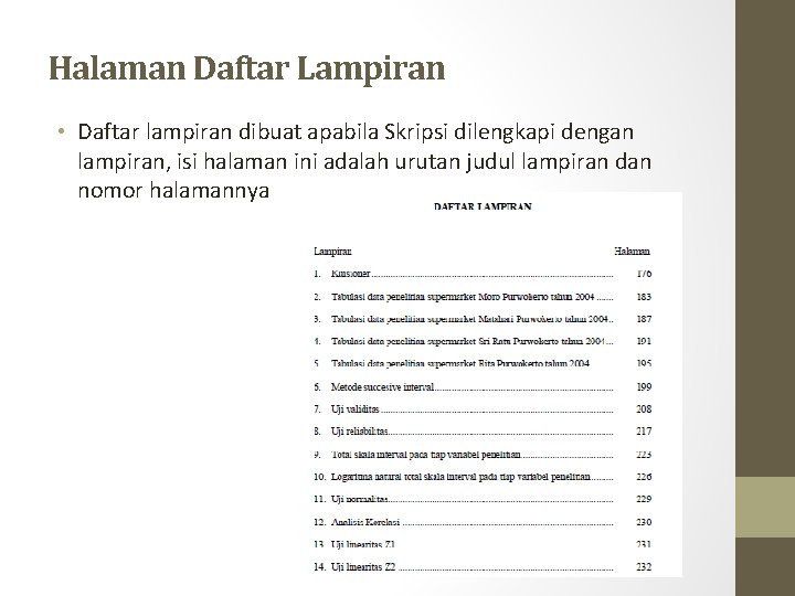 Halaman Daftar Lampiran • Daftar lampiran dibuat apabila Skripsi dilengkapi dengan lampiran, isi halaman