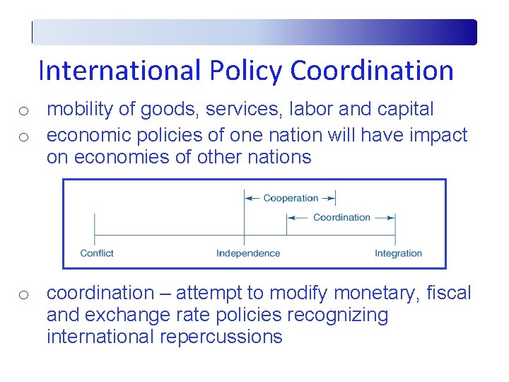 International Policy Coordination o mobility of goods, services, labor and capital o economic policies