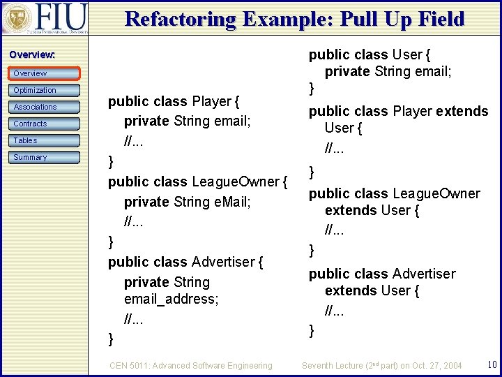 Refactoring Example: Pull Up Field Overview: Overview Optimization Associations Contracts Tables Summary public class