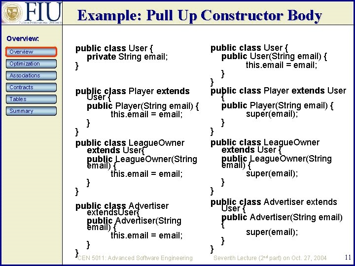 Example: Pull Up Constructor Body Overview: Overview Optimization public class User { private String