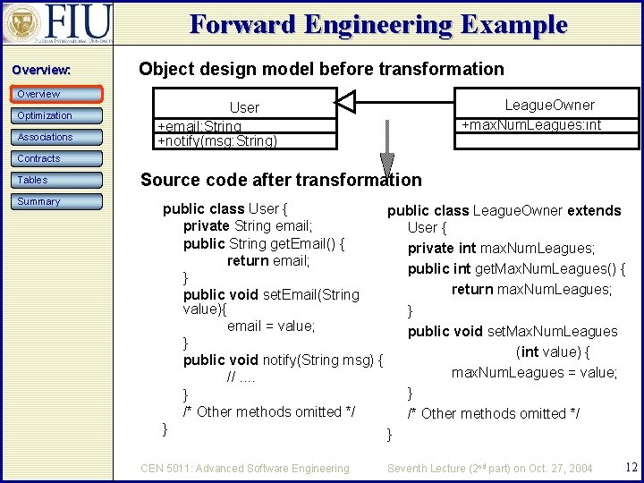 Forward Engineering Example Overview: Overview Optimization Associations Object design model before transformation League. Owner