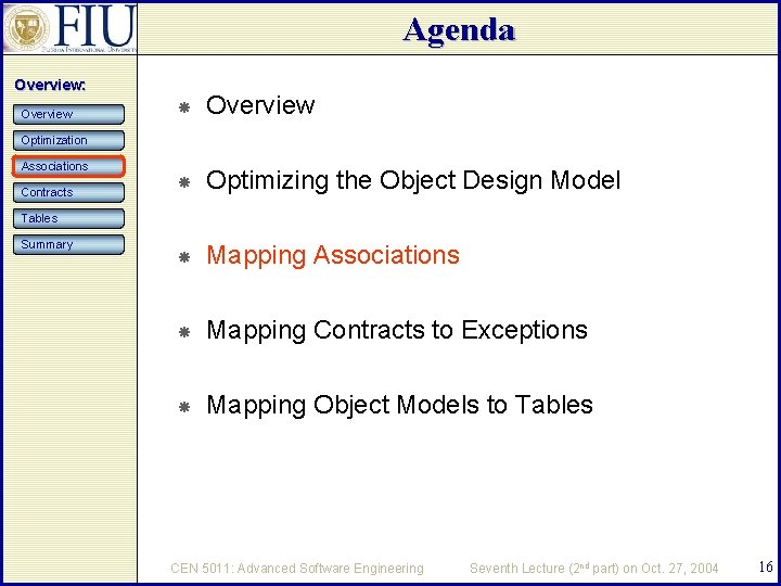 Agenda Overview: Overview Optimizing the Object Design Model Mapping Associations Mapping Contracts to Exceptions