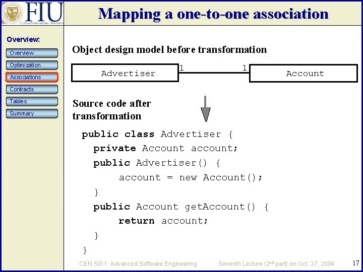 Mapping a one-to-one association Overview: Overview Object design model before transformation Optimization Associations Advertiser