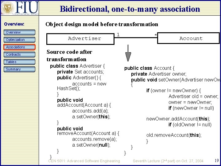 Bidirectional, one-to-many association Overview: Object design model before transformation Overview Optimization Associations Contracts Tables
