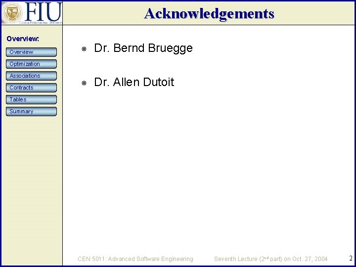 Acknowledgements Overview: Overview Dr. Bernd Bruegge Dr. Allen Dutoit Optimization Associations Contracts Tables Summary