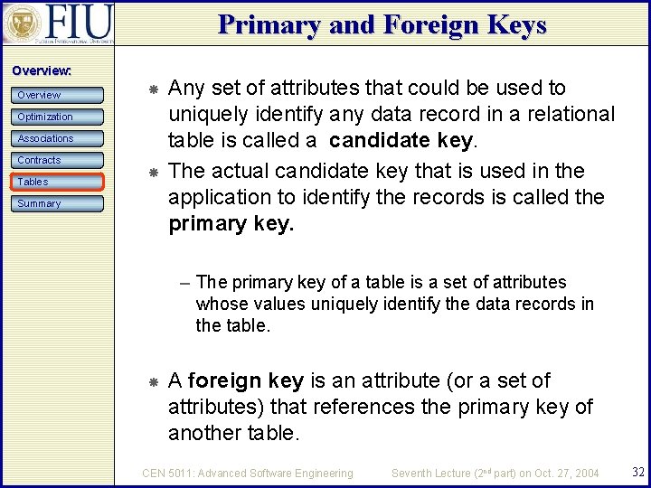 Primary and Foreign Keys Overview: Overview Optimization Associations Contracts Tables Summary Any set of