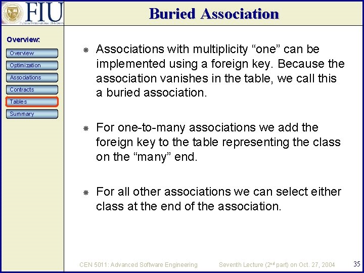 Buried Association Overview: Overview Associations with multiplicity “one” can be implemented using a foreign