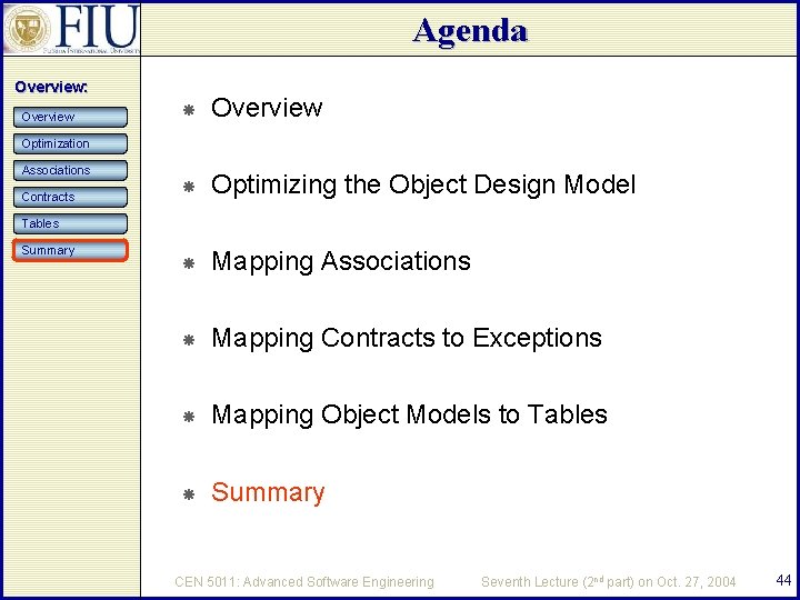 Agenda Overview: Overview Optimizing the Object Design Model Mapping Associations Mapping Contracts to Exceptions