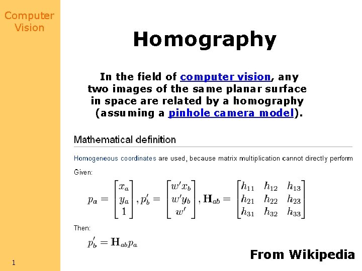 Computer Vision Homography In the field of computer vision, any two images of the