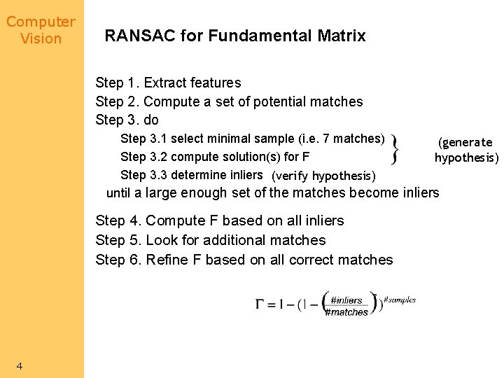 Computer Vision RANSAC for Fundamental Matrix Step 1. Extract features Step 2. Compute a