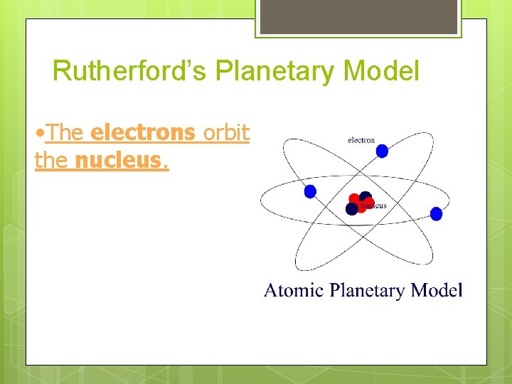 Rutherford’s Planetary Model • The electrons orbit the nucleus. Rutherford’s Planetary Model • The electrons orbit the nucleus.