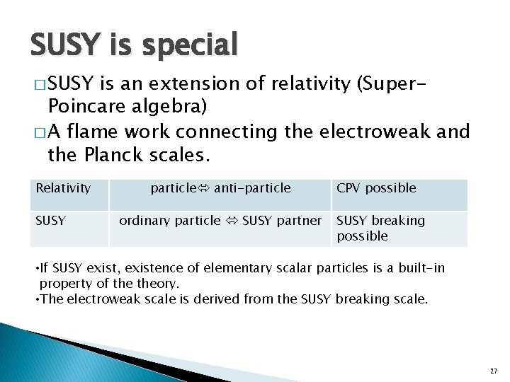 SUSY is special � SUSY is an extension of relativity (Super. Poincare algebra) �
