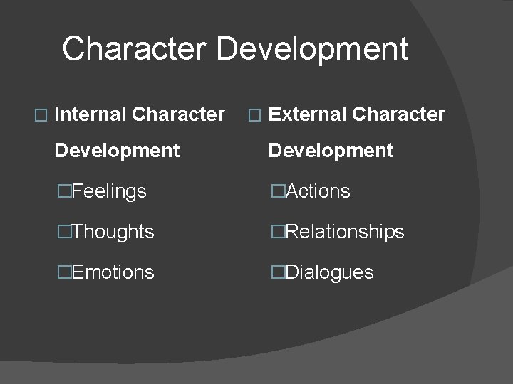 Character Development � Internal Character � External Character Development �Feelings �Actions �Thoughts �Relationships �Emotions