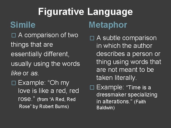 Figurative Language Simile A comparison of two things that are essentially different, usually using