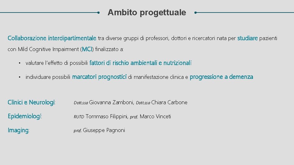 Ambito progettuale Collaborazione interdipartimentale tra diverse gruppi di professori, dottori e ricercatori nata per