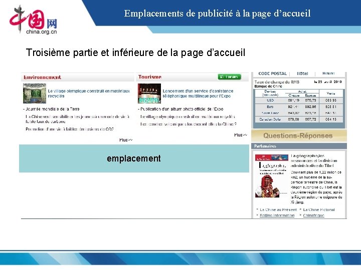 Emplacements de publicité à la page d’accueil Troisième partie et inférieure de la page