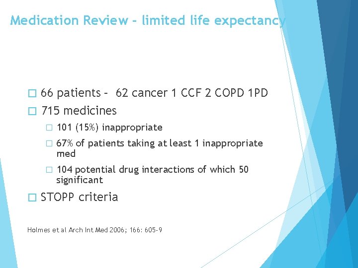 Medication Review - limited life expectancy 66 patients – 62 cancer 1 CCF 2