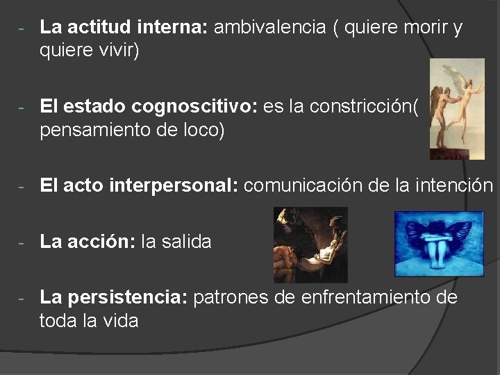 - La actitud interna: ambivalencia ( quiere morir y quiere vivir) - El estado