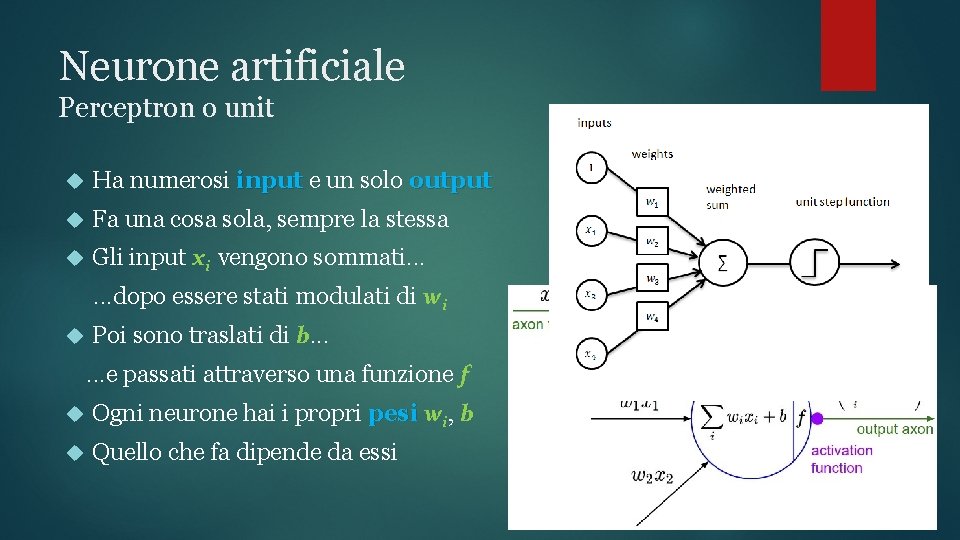 Neurone artificiale Perceptron o unit Ha numerosi input e un solo output Fa una