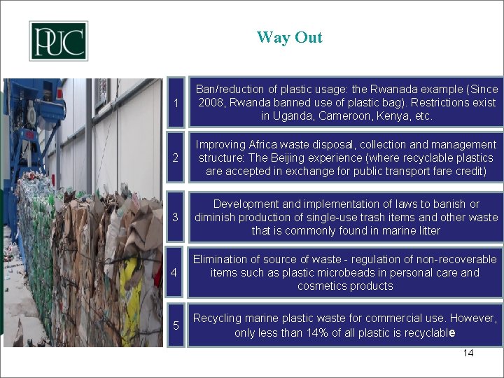 Way Out 1 Ban/reduction of plastic usage: the Rwanada example (Since 2008, Rwanda banned