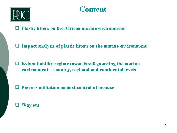 Content q Plastic litters on the African marine environment q Impact analysis of plastic