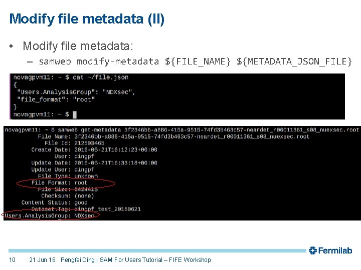 Modify file metadata (II) • Modify file metadata: – samweb modify-metadata ${FILE_NAME} ${METADATA_JSON_FILE} 10