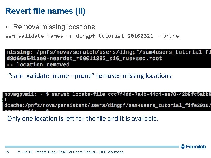 Revert file names (II) • Remove missing locations: sam_validate_names -n dingpf_tutorial_20160621 --prune “sam_validate_name --prune”