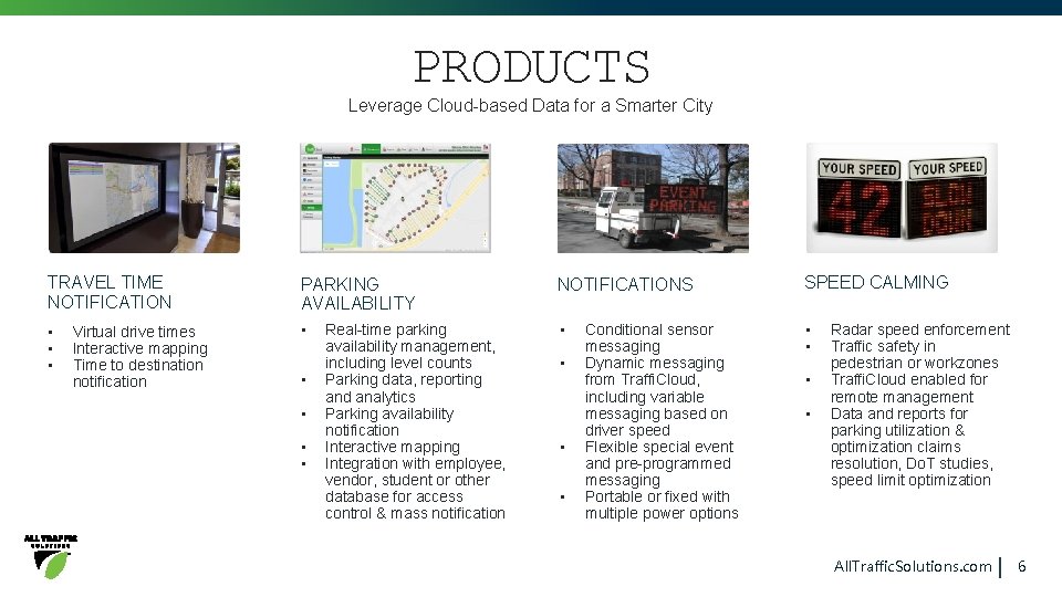 PRODUCTS Leverage Cloud-based Data for a Smarter City TRAVEL TIME NOTIFICATION PARKING AVAILABILITY NOTIFICATIONS