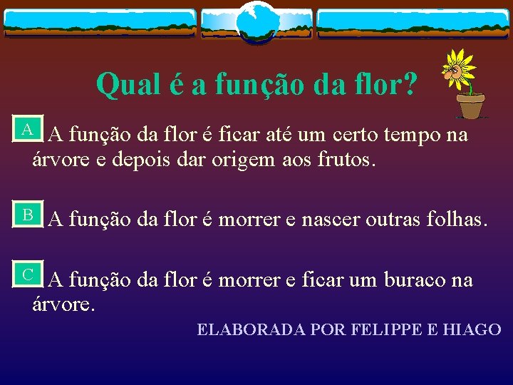 Qual é a função da flor? A A função da flor é ficar até