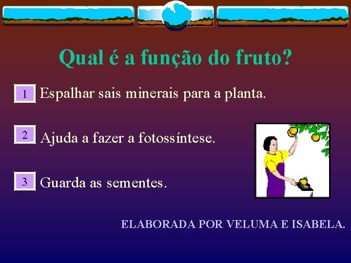 Qual é a função do fruto? 1 Espalhar sais minerais para a planta. 2