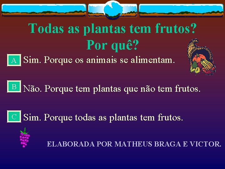 Todas as plantas tem frutos? Por quê? A Sim. Porque os animais se alimentam.