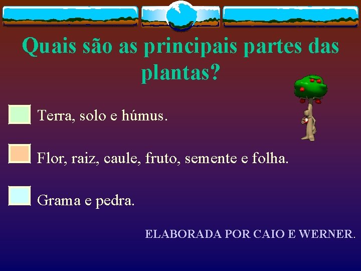 Quais são as principais partes das plantas? Terra, solo e húmus. Flor, raiz, caule,