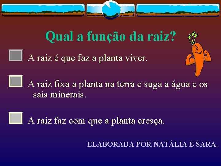 Qual a função da raiz? A raiz é que faz a planta viver. A