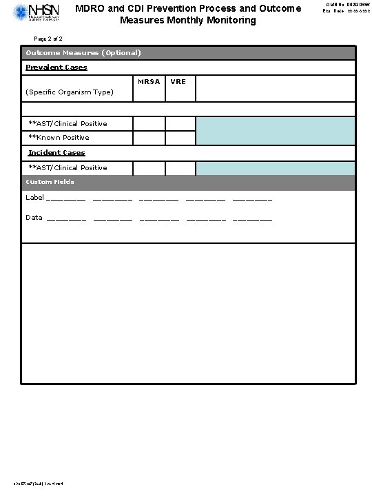 MDRO and CDI Prevention Process and Outcome Measures Monthly Monitoring Page 2 of 2